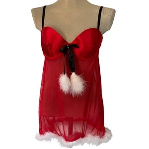 Red Sheer Christmas Santa White Fuzzy Accent Negligee Teddie Nightie Lingerie
